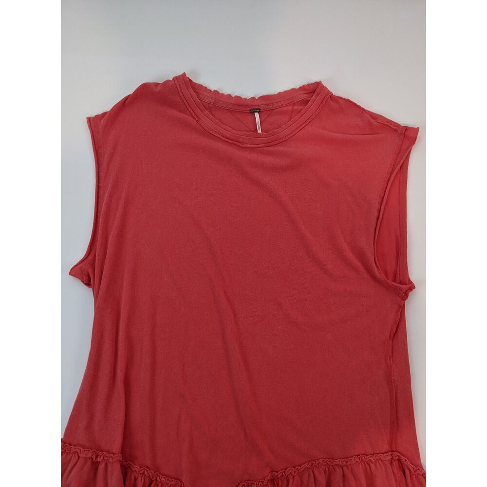 Free People Sleeveless Mini Dress Coral Small Ruffled Distressed Tee Cotton Top - Picture 3 of 7